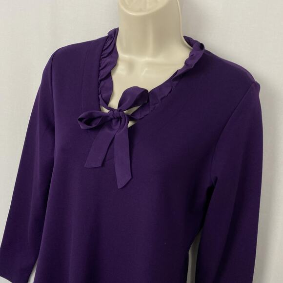J.McLaughlin Dress Womens Small Purple Ruffle V-Neck Bow Long Sleeve Knit Sheath - Picture 2 of 13
